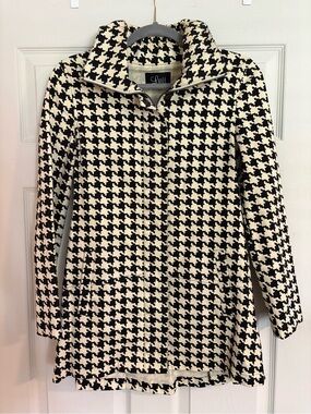 Luii Black & Cream Houndstooth Zip-Front Long Jacket
